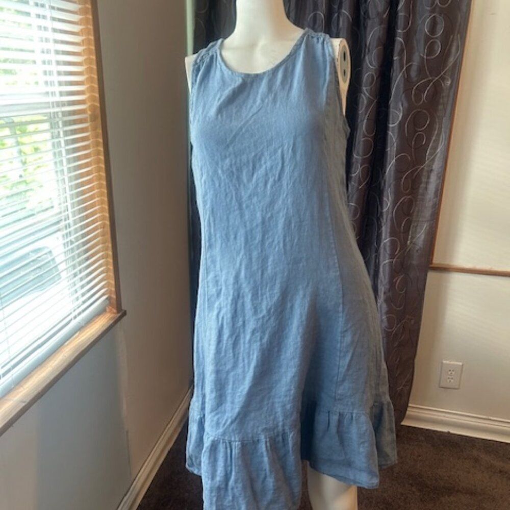 Terzo Millennio Blue sleeve less V-neck, tie back ruffle hem Linen dress, size L